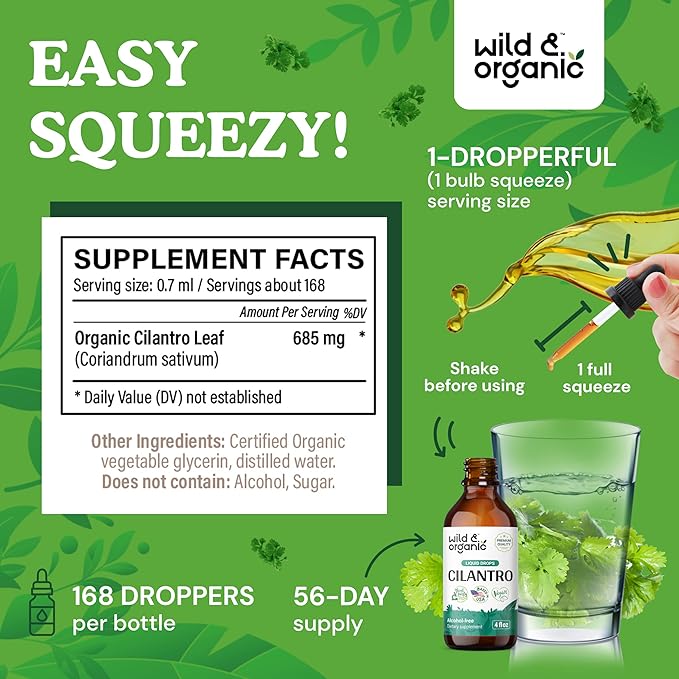 Wild & Organic Cilantro Tincture - Detox Cleanse w/Cilantro Leaf - Vegan Cilantro Antioxidants Supplement - Alcohol-Free Detox Drops w/Dried Cilantro Extract - Cilantro Powder Based Supplements 4 oz