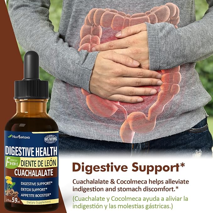 Digestive Health Drops, Cuachalalate Digestion Supplement for Gut Detox Cleanse Support and Stomach Ulcer, Corteza de Cocolmeca para Despertar digestivo y Limpiar Estomago. 2oz
