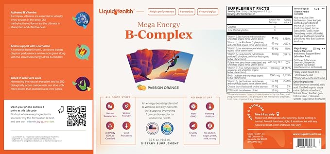 LIQUIDHEALTH Mega Energy Methylated B-Complex, Adult Liquid Vitamin Supplement - Increase Energy, Relieve Stress & Fatigue, Immune System Support, Heart & Gut Health - Vegan, Sugar-Free (3 Pack)