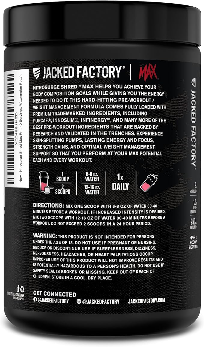 Jacked Factory Nitrosurge Shred Max Preworkout - High-Performance Thermogenic Pre Workout Powder for Men and Women - L Citrulline, Acetyl L Carnitine, Organic Caffeine - 40 Servings, Watermelon Peach