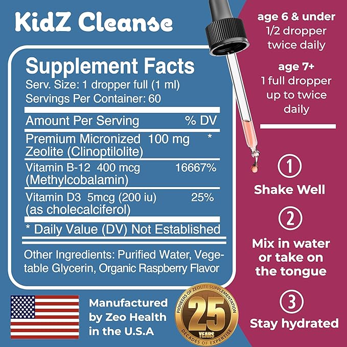 Kidz Cleanse | Zeolite Detox for Kids | Development, Behavior, Energy and Gut Health Support Supplement | Easy to Take, Pure Liquid Zeolite Drops + Methyl B12 + D3 (Raspberry Flavor) - 2oz