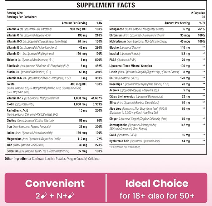 Liposomal Multivitamin for Women 1400MG - Womens Daily Multi Vitamins Supplements with Iron, Vitamin A, C, D, E and B Complex for Immune Health, Hair & Skin Support for Women 18+,600 Vegan Capsules