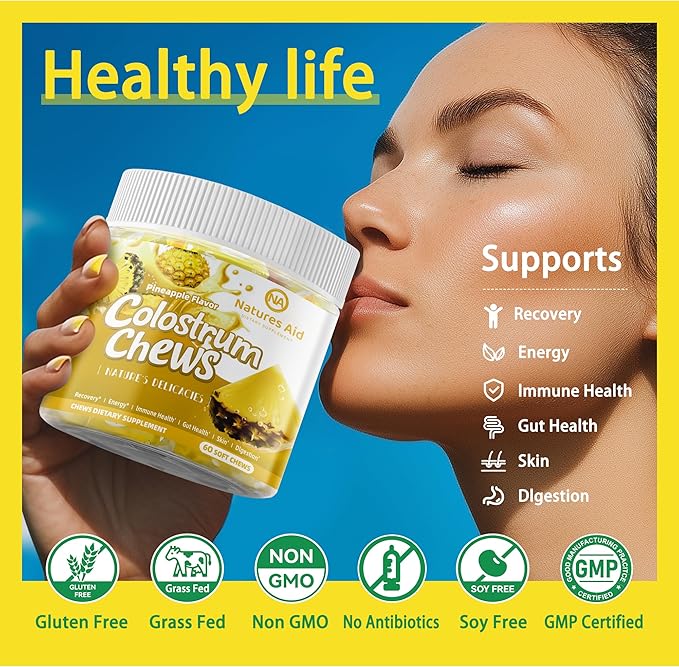 Colostrum Chews Supplement with probiotics for Gut Health, Bloating, Immune Support, Skin, Hair Growth and Beauty - Pineapple Flavor (60 Servings)