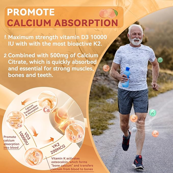 Vitamin D3 K2 Gummies 5000IU / 10,000 IU with 500mg Calcium + K2(MK-7) 200mcg, Magnesium, Vitamin C & Zinc, Extra Strength - Ultimate Absorbency for Bones, Muscles, Teeth, Vegan, 60 Count (Pack of 1)