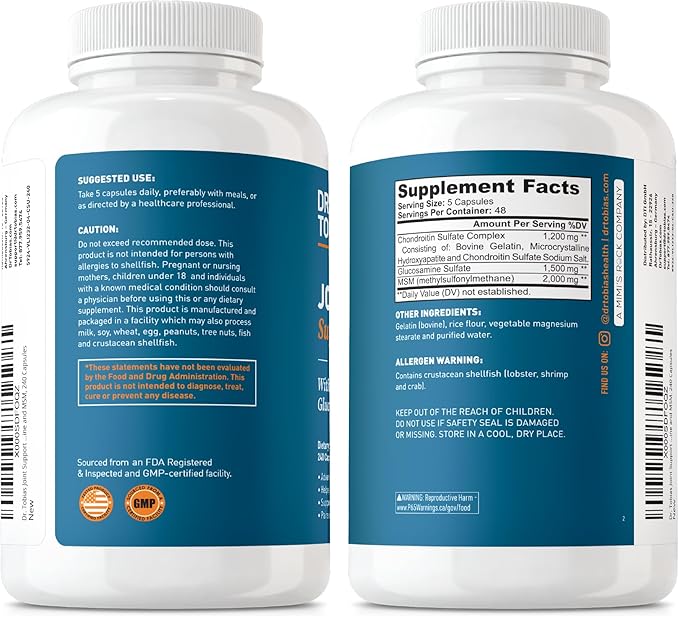 Dr. Tobias Joint Support Supplement with Glucosamine Chondroitin MSM, Supports Connective Tissue, Function & Flexibility, Extra Strength Joint Supplements for Men & Women, 240 Capsules