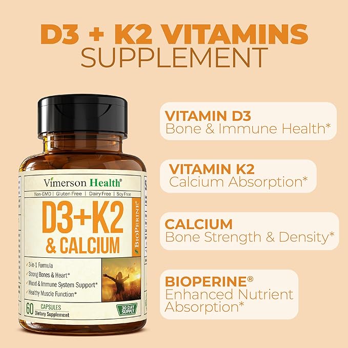 Vitamin D3 K2 & Calcium Supplement with BioPerine for Immune & Bone Health - Vitamin K2 as MK7 + Calcium + Vit D3 5000 IU. 4 in 1 Support for Strong Bones, Teeth and Heart Health. Non-GMO. 60 Capsules