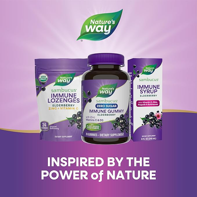 Nature's Way Sambucus Zero Sugar Immune Gummies, Daily Immune Support*, Black Elderberry Extract, Vitamin C, Vitamin D3, Zinc, Sugar Free, Sugar Alcohol Free, Plant-Based Sweeteners, 70 Gummies
