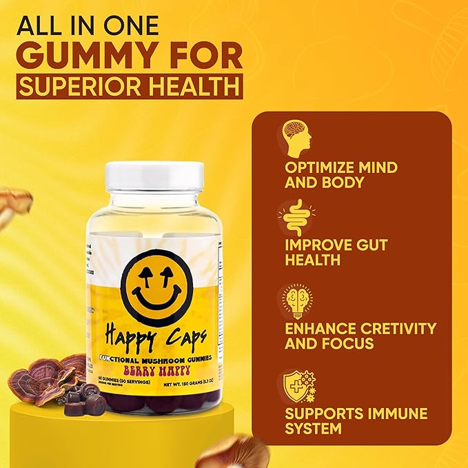 Lions Mane Mushroom Gummies for Relaxation & Wellness Organic Functional Mushroom Blend with Turkey Tail, Reishi, Chaga & Cordyceps - Immune Support - Vegan Supplement - 60 Berry Gummies