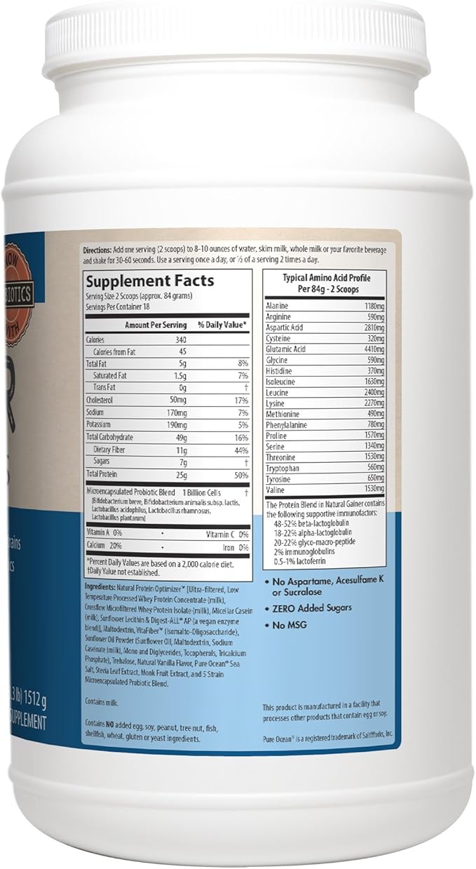MRM Nutrition Gainer Protein with Probiotics + Postbiotics | Vanilla Flavored | 25g Protein | Whey Concentrate + Isolate + micellar Casein| Slow + Fast digesting| with Digestive enzymes | 18 Servings