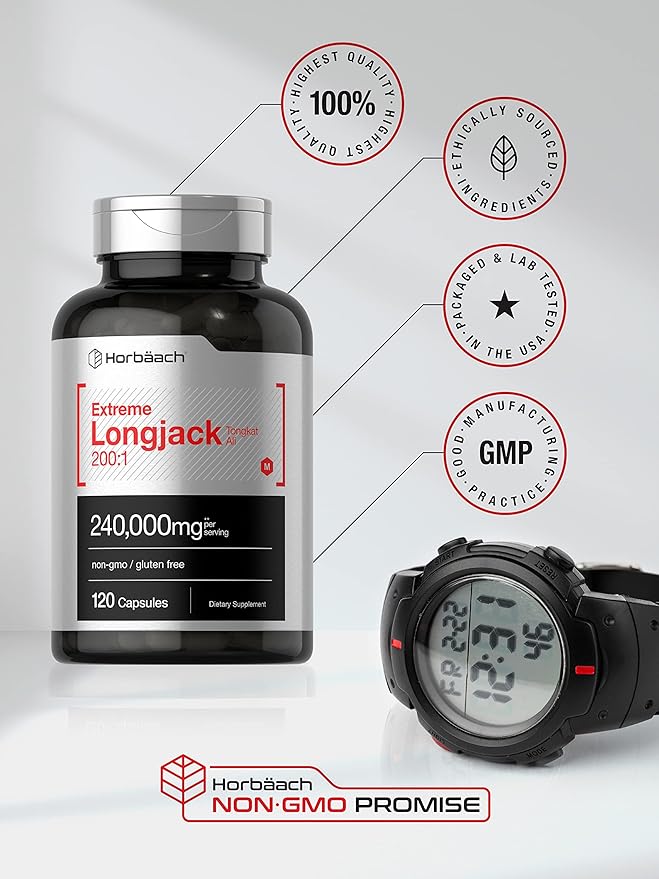Horbäach - Longjack Tongkat Ali | 240,000 mg (200:1 Potent Extract) | 120 Capsules | Extreme Male Performance Supplement | Super Concentrated Herbal Extract Formula | Non-GMO & Gluten Free Pills