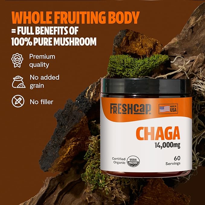 FreshCap Chaga Mushrooms Powder 14,000mg - Chaga Mushroom Extract for Immune and Antioxidants Support, Ayurveda Nootropic Supplement (60 Servings)