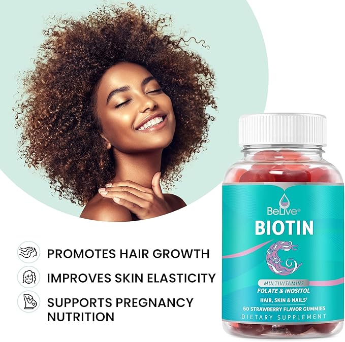 BeLive Biotin Gummies - Skin, Nails & Hair Vitamins with A, C, D, E, B12, Zinc, Folate & Inositol, Biotin Supplement for Anti-Aging, Energy & Collagen Boost, Multivitamin Gummies - Strawberry | 3-Pack