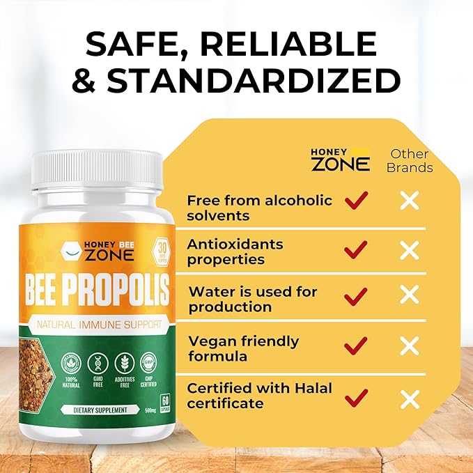 Bee Propolis Extract Capsules, Immune Support Supplement, Natural Immune Booster, Non-GMO Gluten-Free additive Free 500 mg 60 Vegan Capsules with Carob Powder for Men and Women