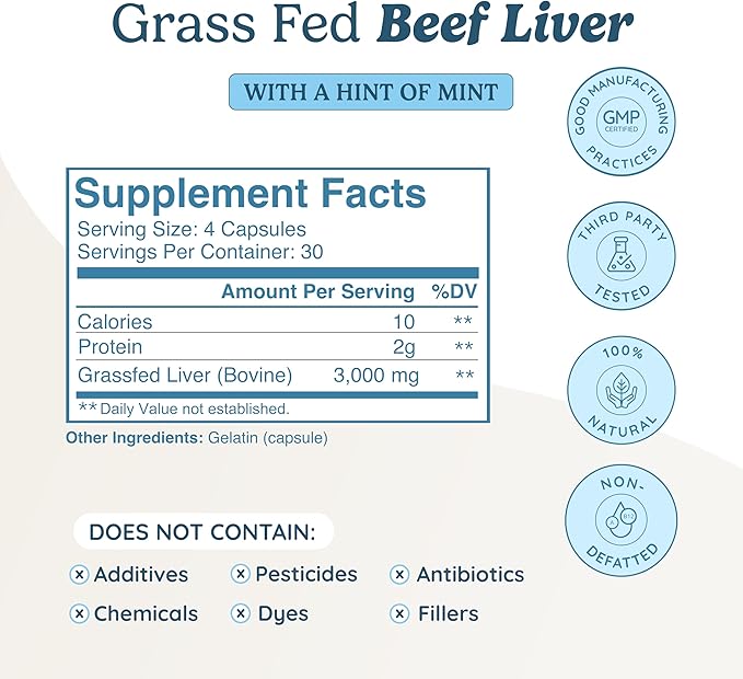 Beef Liver Capsules Grass Fed Supplement - Natural Source of Protein, Iron, Vitamins A & B- Boosts Energy and Immunity | USA Grown, Non-GMO, Gluten Free
