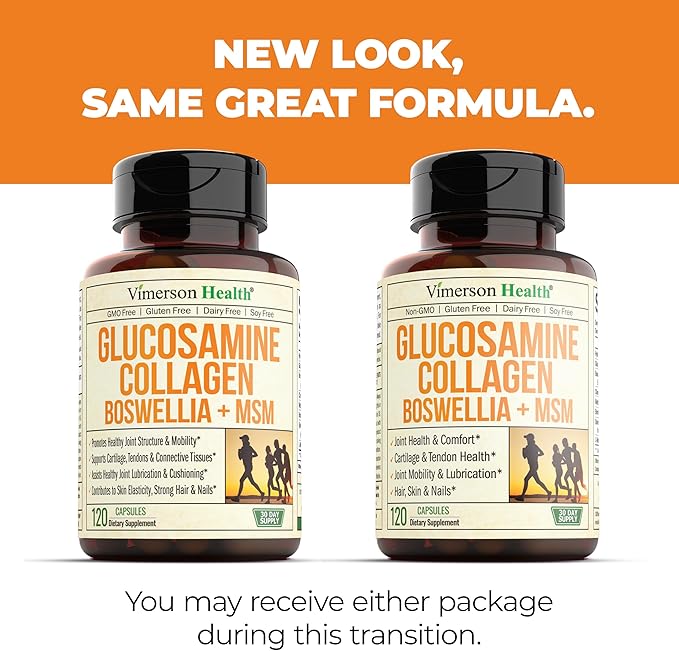 Glucosamine Chondroitin MSM with Collagen Powder. Joint Support Supplement. Bromelain, Quercetin, L-Methionine & Boswellia Extract capsules. Hair Skin and Nails Vitamins. FSA eligible. 120 caps