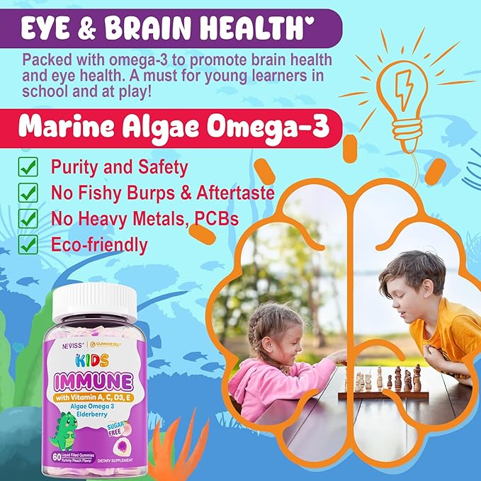 Kids Multivitamin + Immune Support Gummies, Vitamin C D3 & Zinc, Omega-3, Vitamin A, E, Elderberry, Kids Vitamin Gummies for Healthy Development, Immunity, Bone Growth & Eye Health, Sugar Free, 60 Cts