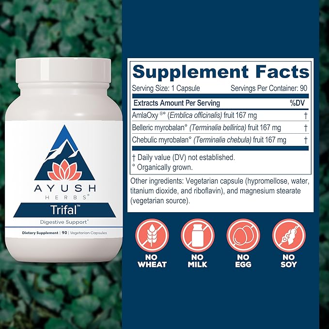 Ayush Herbs Trifal, Digestive Support Supplement for Women and Men, Capsules for Digestion, Intestinal Health, and Antioxidant Boost, Ayurvedic Herbs and Supplements, 90 Vegetarian Capsules