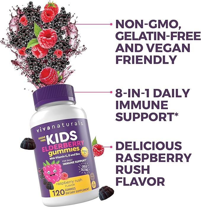 Sambucus Elderberry Gummies for Kids with Vitamin C and Zinc (120 Count) - Sugar-Free 8-in-1 Immune Support Gummy - Chewable Vegan, Gluten-Free Sambucus Elderberry Gummy for Kids, Immunity Gummies