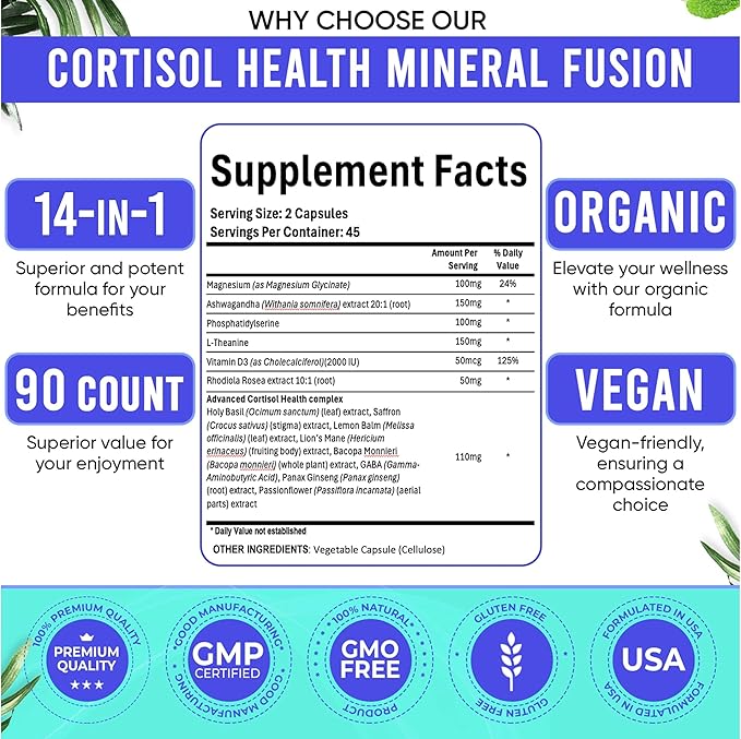 Cortisol Supplements for Women. Cortisol Manager 14-in-1 Formula with Ashwagandha, Magnesium Glycinate, L-Theanine & More. Support Stress Management & Stamina. 90 Capsules.