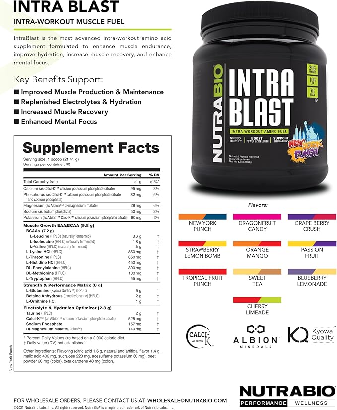 NutraBio Intra Blast BCAA EAA Electrolyte and Hydration Powder - Amino Acid Supplement, EAA/BCAA Powder - Non-GMO and Gluten Free - Tropical Fruit Punch - 30 Servings