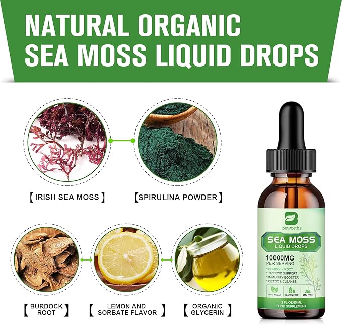 Sea Moss Liquid Drops - Organic Irish Sea Moss Gel with Spirulina, Bladderwrack, Burdock Root, Seamoss Gel Supplement for Immune, Joint, Detox Cleanse & Digestion Support - 2 Fl Oz, Vegan