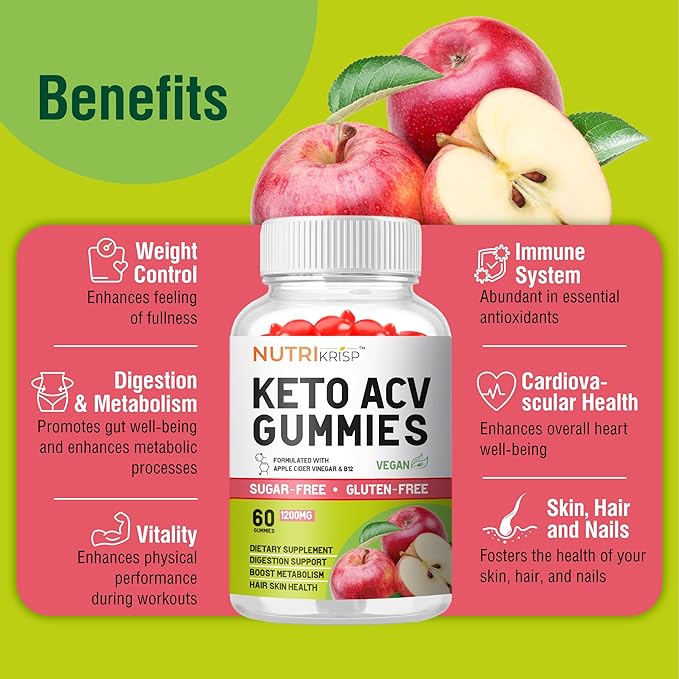 Keto ACV Gummy - Sugar-Free Gluten Free Pro Active Super Apple Cider Vinegar Supplement for Men Women - Support Digestion Hair Skin (1200MG)