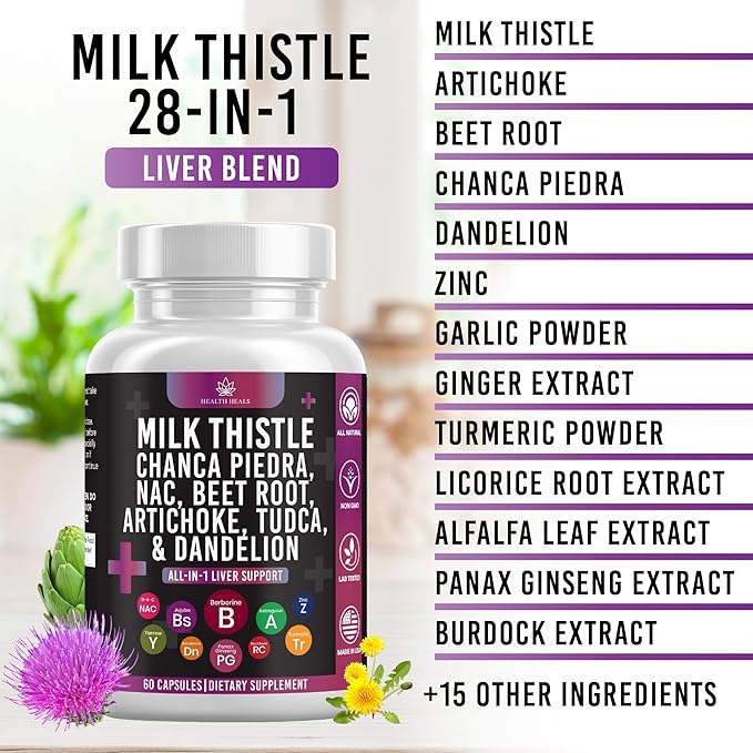 Milk Thistle NAC Chanca Piedra Beet Root Artichoke Dandelion Root - Liver Supplement Plus Astragalus TUDCA Choline & Ginger- 180 Count