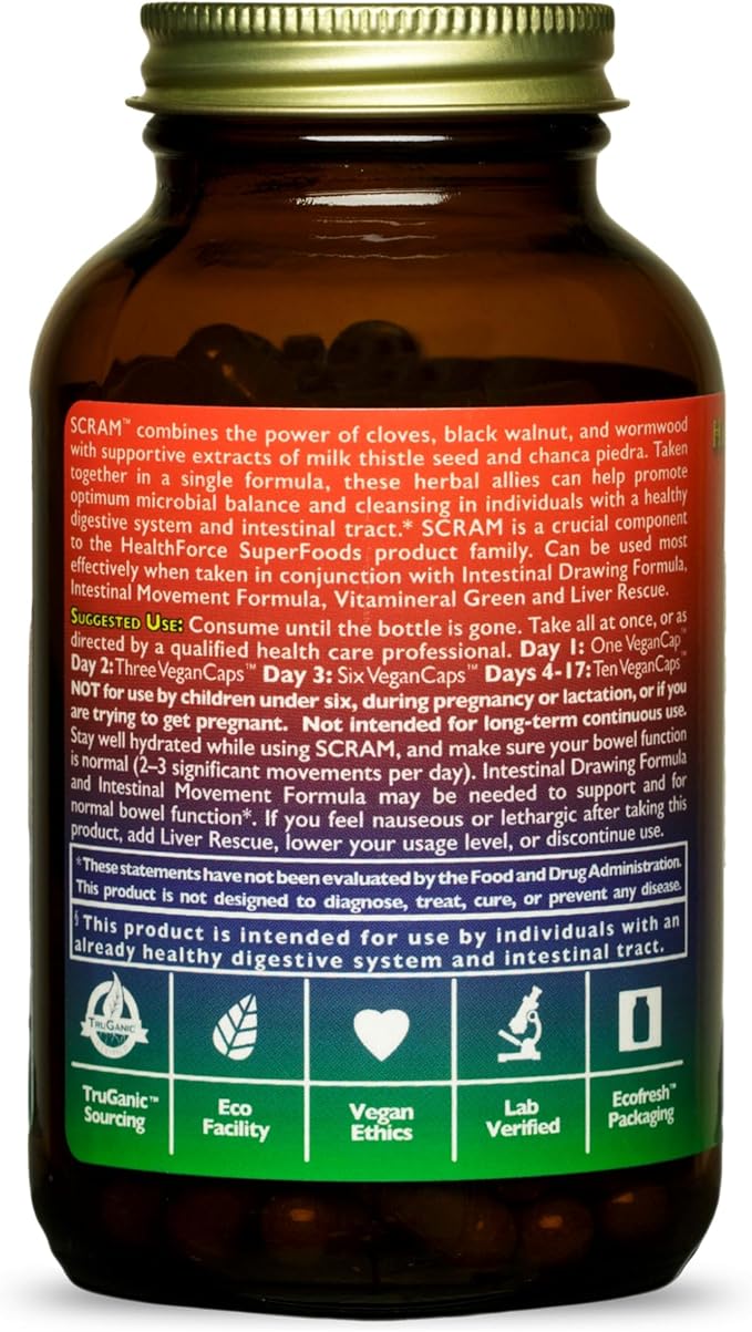 HealthForce SuperFoods Scram - Herbal Supplement with Milk Thistle, Wormwood & Black Walnut - Digestion Support Capsules - 150 Vegan Capsules