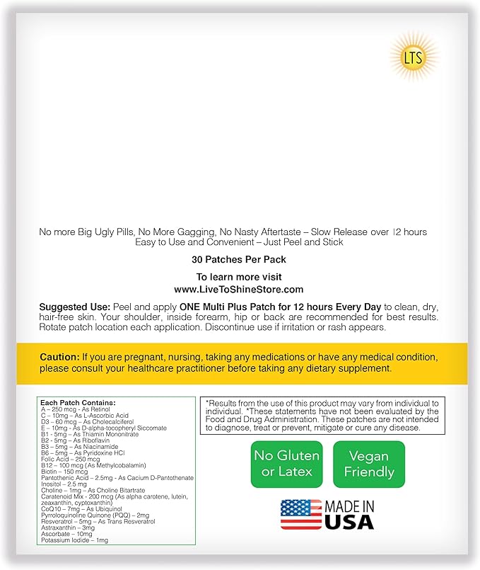 Live To Shine Multi Plus Topical Patch - USA Made - 30 Days Supply from