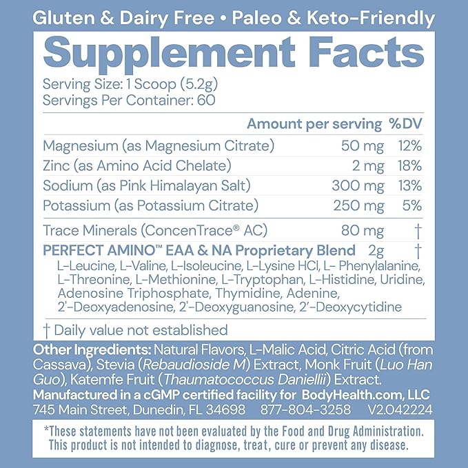 BodyHealth PerfectAmino Electrolytes Powder, Hydration Powder, Sugar Free Keto Electrolyte Drink Mix, Non GMO, Watermelon Flavor (60 Servings)