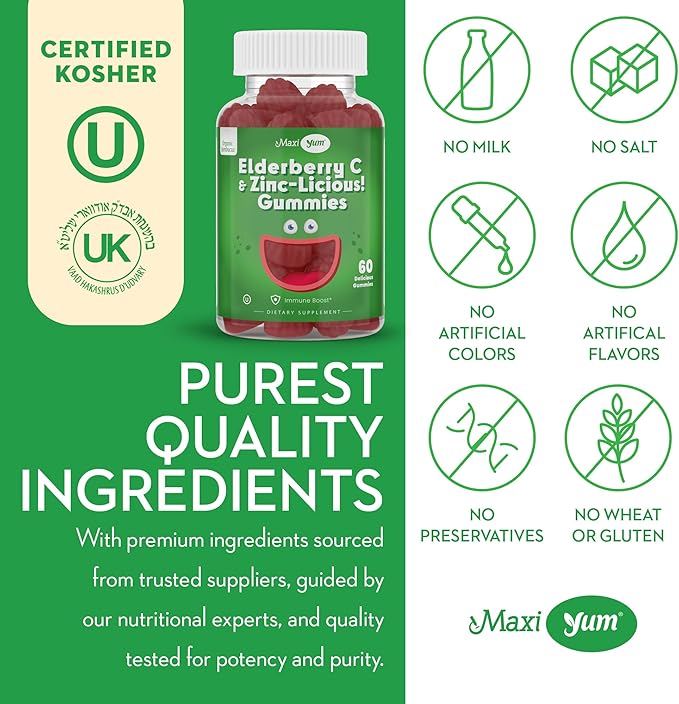 Elderberry Zinc Gummies - Organic Sambucus Elderberry Gummies with Zinc and Vitamin C - Vegan Immune Support for Adults and Kids - Chewable Elderberries Supplements for Immunity Boost - 60 Gummies