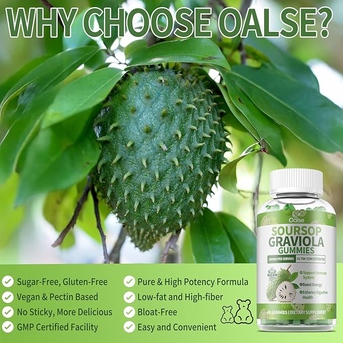 Soursop Graviola Gummies, Sour SOP Leaves & Fruit Extract Plus Vitamin C and Zinc, Soursop Bitters for Immune Support, (60 Count) - Sugar Free, Vegan, Gluten Free