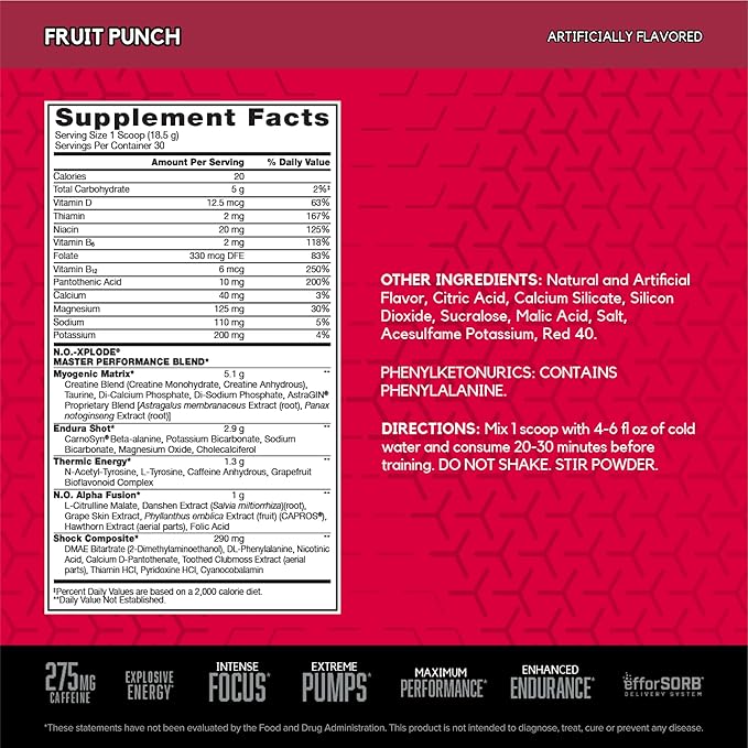 BSN N.O.-XPLODE Pre Workout Powder, Energy Supplement for Men and Women with Creatine and Beta-Alanine, Flavor: Fruit Punch, 30 Servings