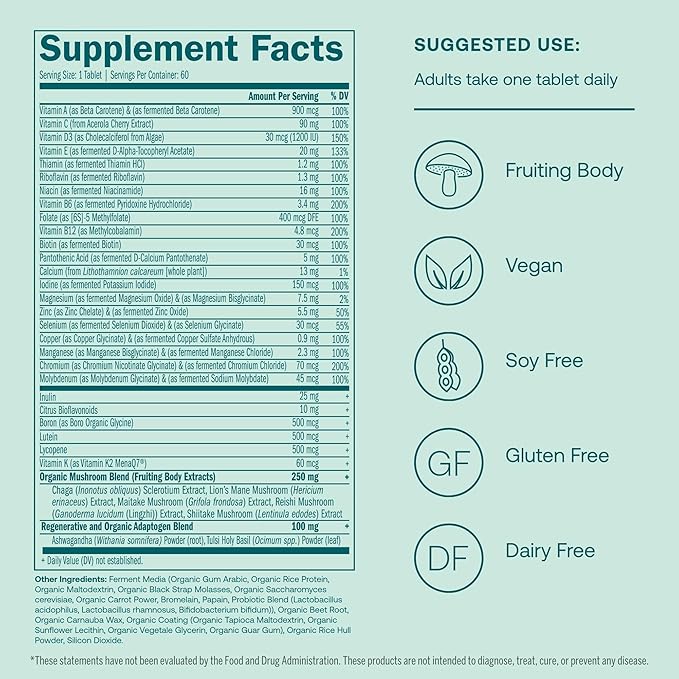 True Grace Men's 40+ One Daily Multivitamin Fermented Minerals, Organic Adaptogens & Mushrooms Whole Body Balance Immune, Endurance, Bone & Heart Support Supplement - Non-GMO - 60 Vegan Tablets