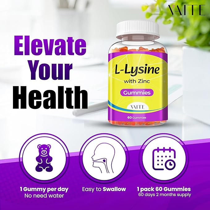 L Lysine Gummies 1000mg with Zinc - Supports Skin, Lip, Vegan, Gluten Free, 60 Chewable L-Lysine for Adults, Vitamins Tissue Health & Immune System, Amino Acid & Complex Supplements, Non-GMO