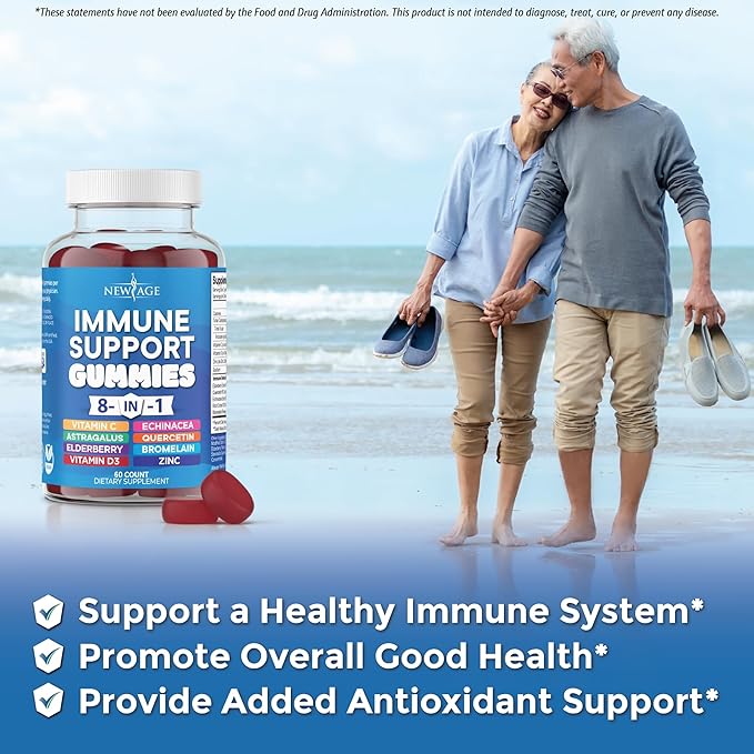 NEW AGE 8 in 1 Immune Support Booster Supplement with Elderberry, Vitamin C and Zinc 50mg, Vitamin D 5000 IU, Quercetin & Bromelain (8 in 1 Gummies (Pack of 1))
