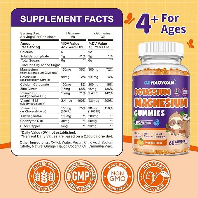 Magnesium Gummies for Kids - Magnesium Glycinate Gummies with Vitamin D3, B6, Potassium & Ashwagandha, Magnesium for Kids & Adults Relaxation, Sleep, Brain & Bone Health -Vegan Orange 60ct