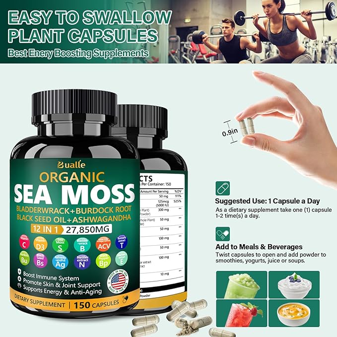 Organic Sea Moss Capsules 27,850mg with Sea Moss,Black Seed Oil,Ashwagandha,Bladderwrack,Ginger,Burdock Root for Immune System,Skin,Energy Support-USA Made (150 Capsules)