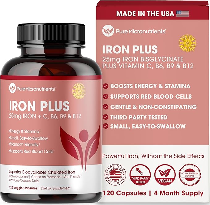 Iron Supplement for Women & Men, Natural Ferrous Chelate, Bisglycinate 25mg + Vitamin C, B6, B12, Folic Acid - IronPills for Iron Deficiency & Energy Support - 120 Count