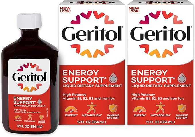 Geritol Liquid Vitamin and Iron Supplement, Energy Support, Contains High Potency B-Vitamins and Iron, Pleasant Tasting, Easy to Swallow, No Artificial Sweeteners, Non-GMO, 12 Oz, 2 Pack