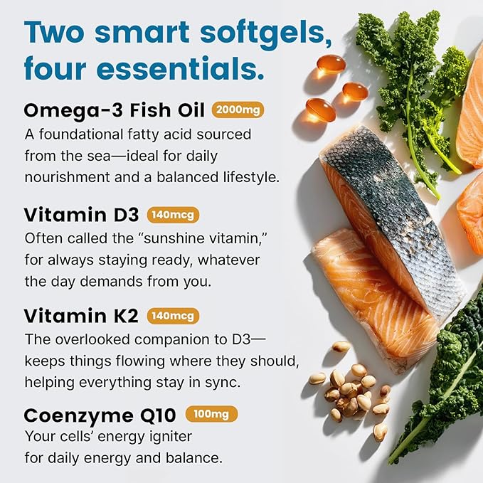 4-in-1 Fish Oil Omega 3 Fatty Supplements (2100mg) - Omega 3 Fish Oil with Vitamins D3 K2 and CoQ10 - Lemon Flavored (120 softgels, Pack of 4)