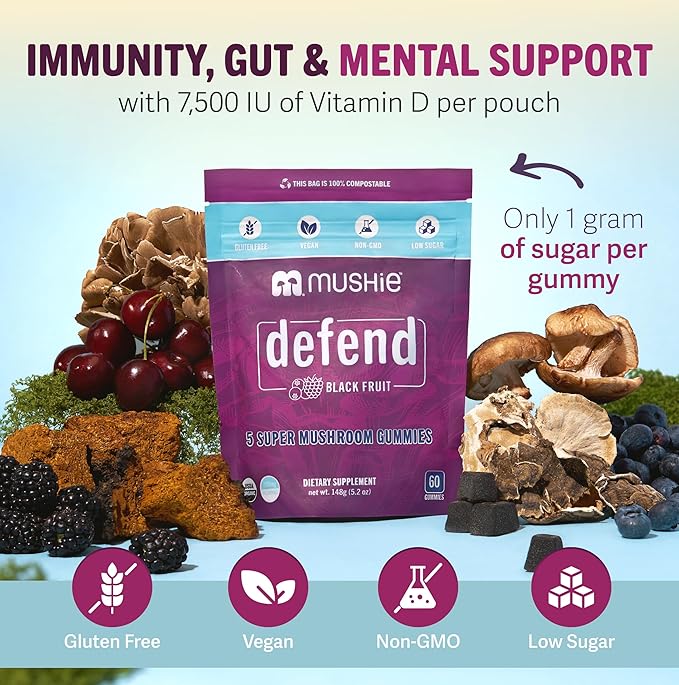 Mushie 100% Organic 5 Super Mushroom Complex Gummies - 2000mg Reishi, Turkey Tail, Maitake, Chaga & Shiitake Blend - Gut Health & Immune Support with Vitamin D - Vegan, Gluten-Free - 60 Count