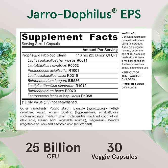 Jarrow Formulas Jarro-Dophilus EPS Gut Restore Probiotics 25 Billion CFU With 8 Clinically-Studied Strains, Dietary Supplement for Intestinal and Immune Support, 30 Veggie Capsules, 30 Day Supply