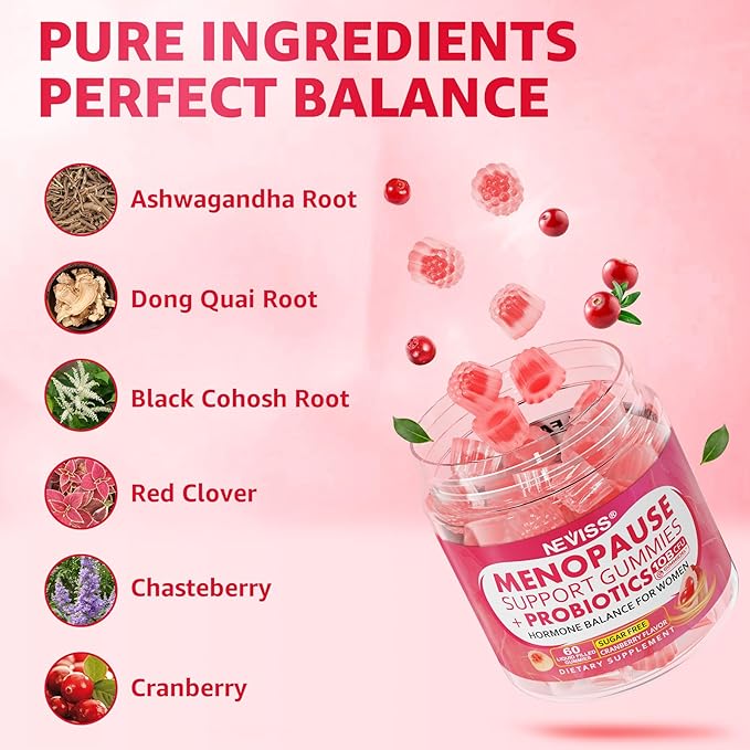Sugar Free Menopause Supplement Filled Gummies for Women, Menopause Probiotics Hormone Balance Gummies with Ashwagandha, Dong Quai & Black Cohosh for Hot Flashes, Night Sweats, Mood Swings, Gut Health