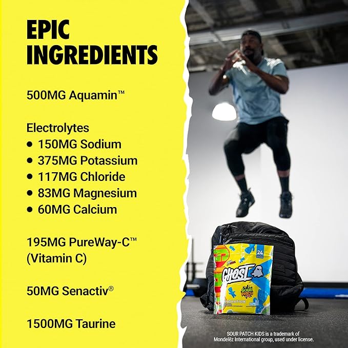 GHOST Hydration Packets, Sour Patch Kids Blue Raspberry, 24 Sticks, Electrolyte Powder - Drink Mix Supplement with Magnesium, Potassium, Calcium, Vitamin C - Vegan, Free of Soy, Sugar & Gluten