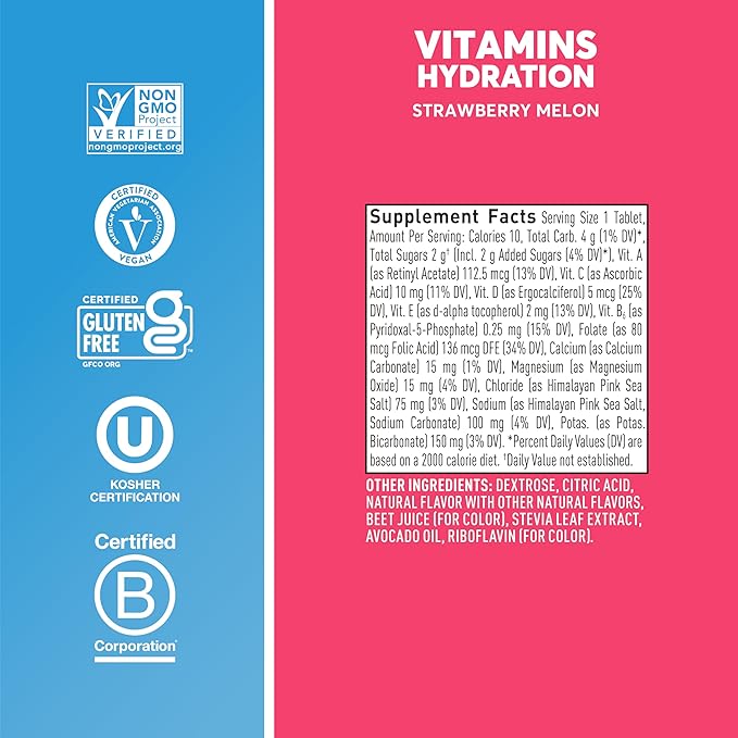 Nuun Hydration Vitamins Electrolyte Tablets, Strawberry Melon, 5 Essential Electrolytes for Hydration + Vitamin A, B6, C, D, E, with Magnesium, Vegan, Non-GMO, 8 Pack (96 Servings)
