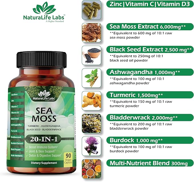 Sea Moss 6000mg - Black Seed Oil 2500mg - Bladderwrack 2000mg - Turmeric 1500mg Ashwagandha 1000mg - Burdock 1000mg - Vitamin C, D3, Yellow Dock Root, Manuka, Dandelion - 90 Veggie caps