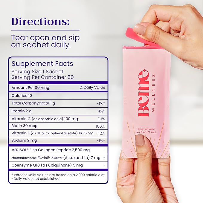 BeMe Liquid Collagen for Women – 2,500mg Marine Collagen Drink, Hydrolyzed Peptides, Biotin, CoQ10, Vitamin C and E Shots, Hair, Nail, & Skin Health Supplement – Be Radiant Peach Flavor – 15 Packets