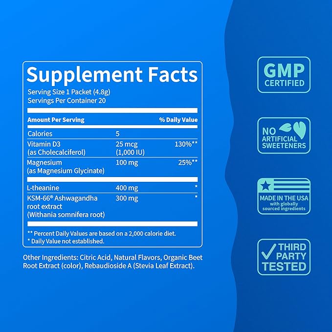 Supercalm Drink Mix - Ashwagandha KSM 66, Magnesium Glycinate & L-Theanine Supplement - Ashwagandha Root Extract - Focus and Relaxation Support (20 Travel Packets) - Peach Berry