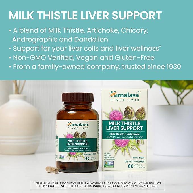 Himalaya Milk Thistle Liver Support Capsules, 60 Count, Silymarin Milk Thistle 350 mg, with Artichoke, Chicory, Andrographis & Dandelion, Supports Liver Function & Cleansing